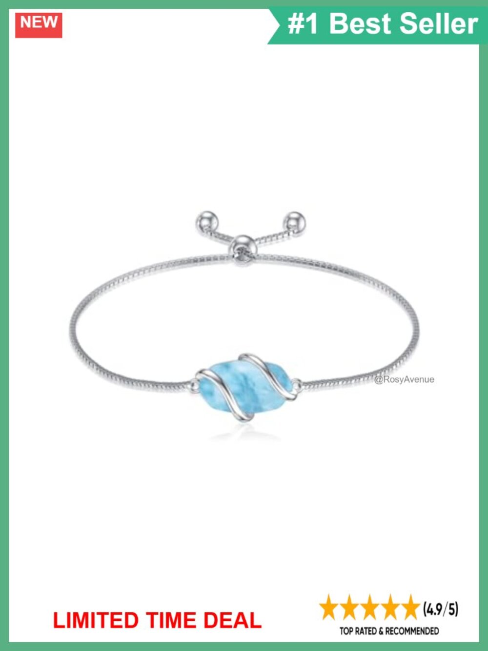 HPQQ 925 Sterling Silver Larimar Link Bracelet Women Adjustable Gemstone Chain